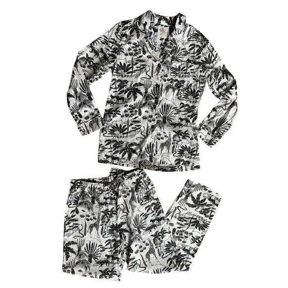 Woodstock Laundry Cotton Long Pajama Set in Black Mono Safari on White Sz Small - Picture 1 of 8